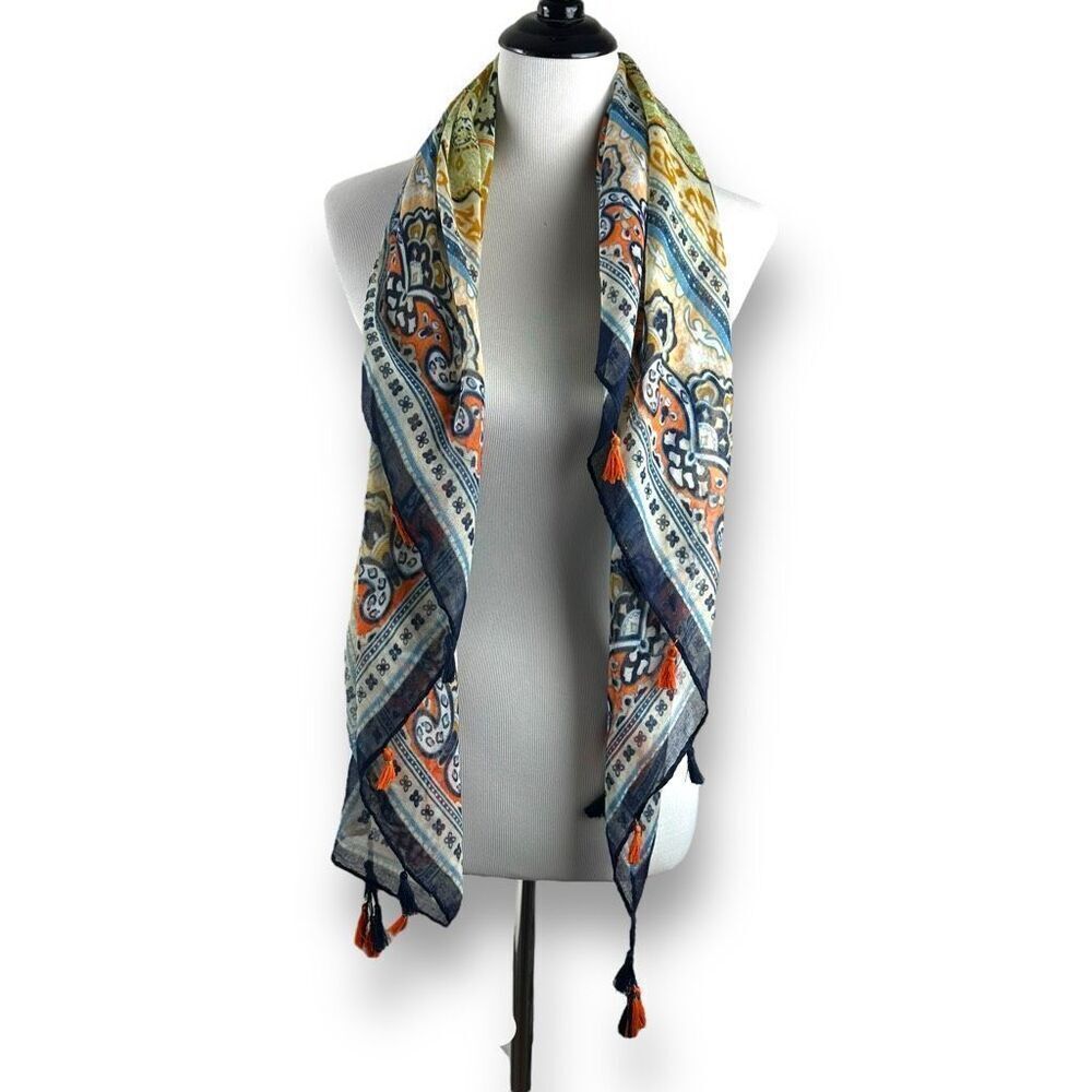 Pretty Persuasions Paisley Bohemian Scarf Tassle Fringe Blue‎ Orange Lightweight